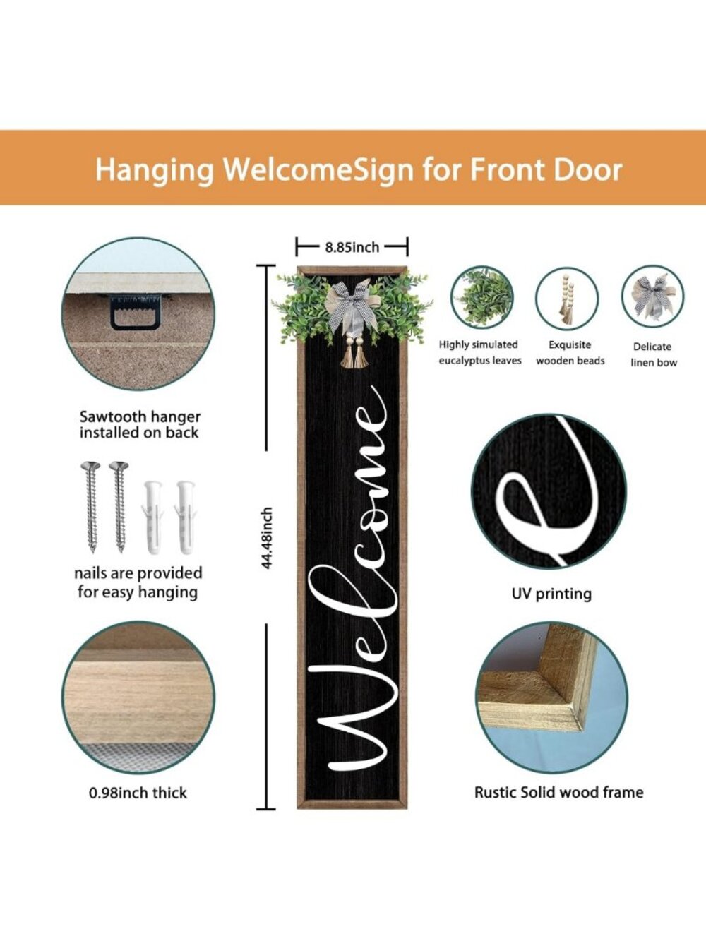 Rustic Vertical Welcome Sign for Front Porch - 45" Tall Outdoor Decor, Farmhouse - Picture 2 of 7